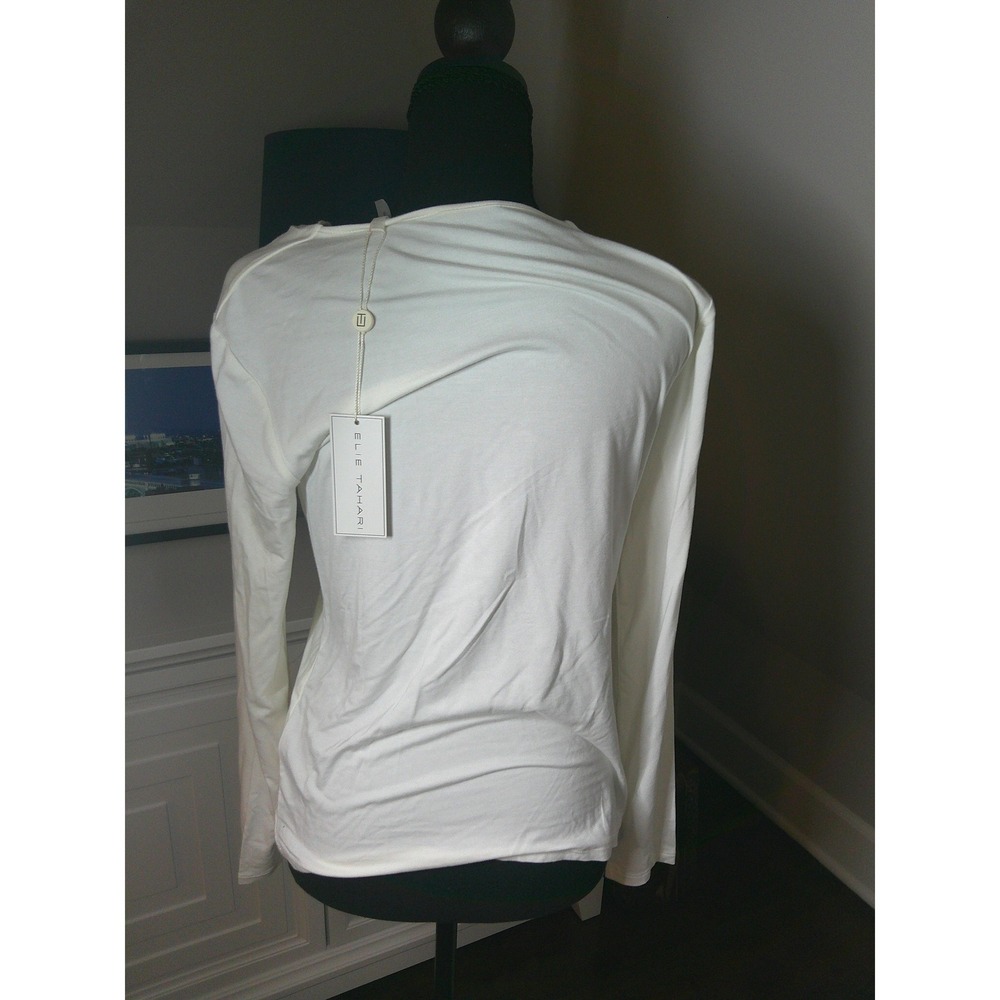 Elie Tahari Top Women M Cream NWT Twist Keyhole Neck Long Sleeve Viscose Blend - Picture 3 of 8